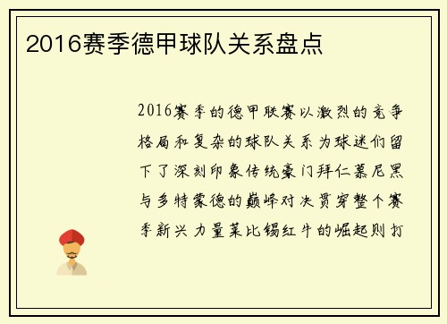 2016赛季德甲球队关系盘点